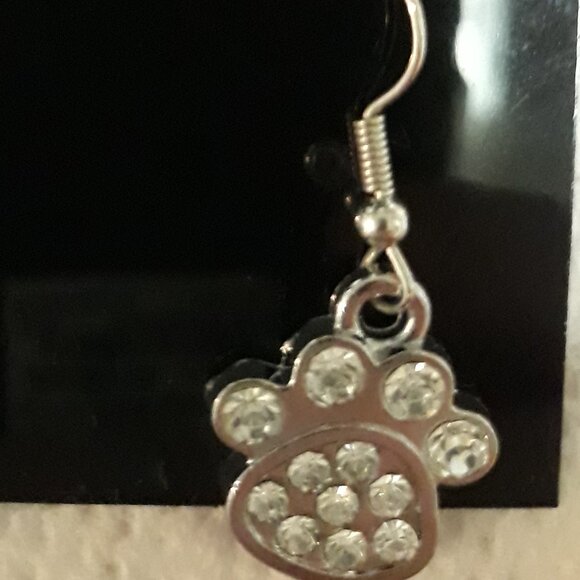 Crystal Paw Print Dangle Earrings Cat Dog Rhinestones Silver Pierced NEW - Picture 3 of 12